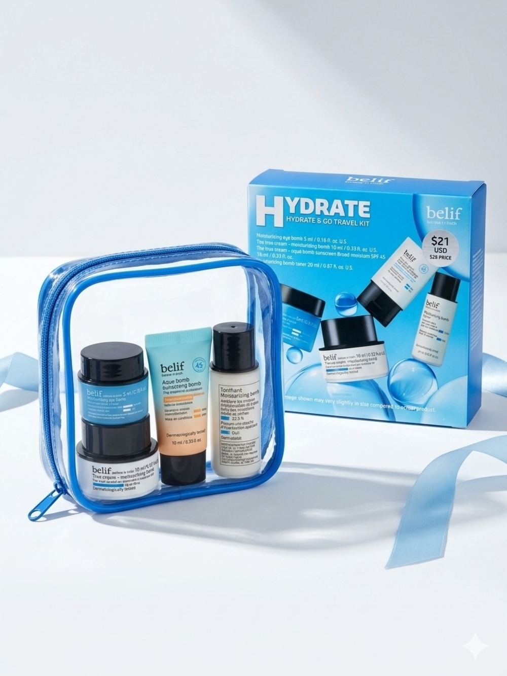Belif Hydrate & Go Travel Kit Skincare 4pc Gift Set + Bag NEW